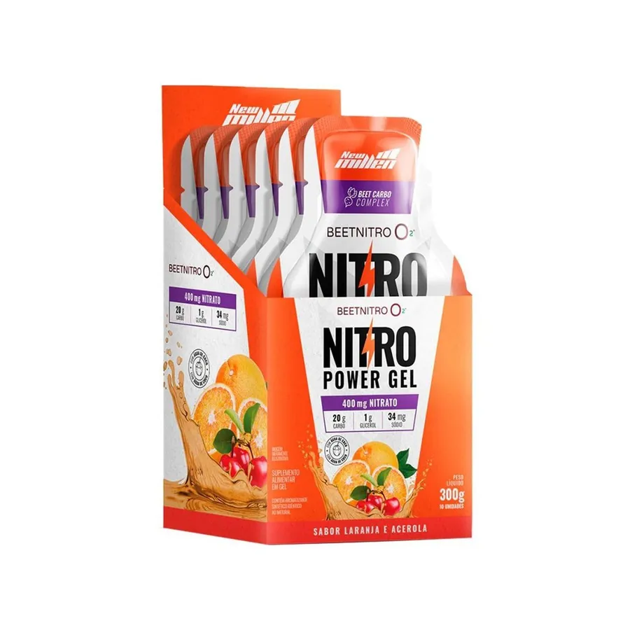 New Millen Nitro Power Gel - 10 Sachês Laranja com Acerola
