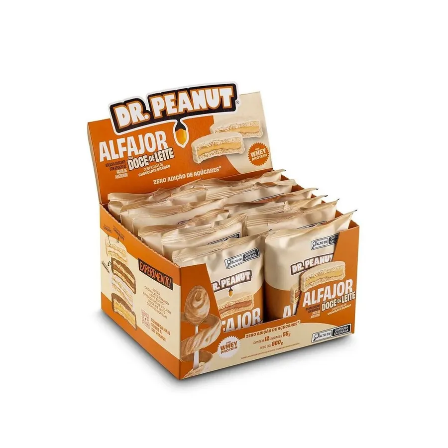 Dr. Peanut Alfajor com Pasta de Amendoim - 12 Unidades de Doce de Leite Com Cobertura Branca 55g