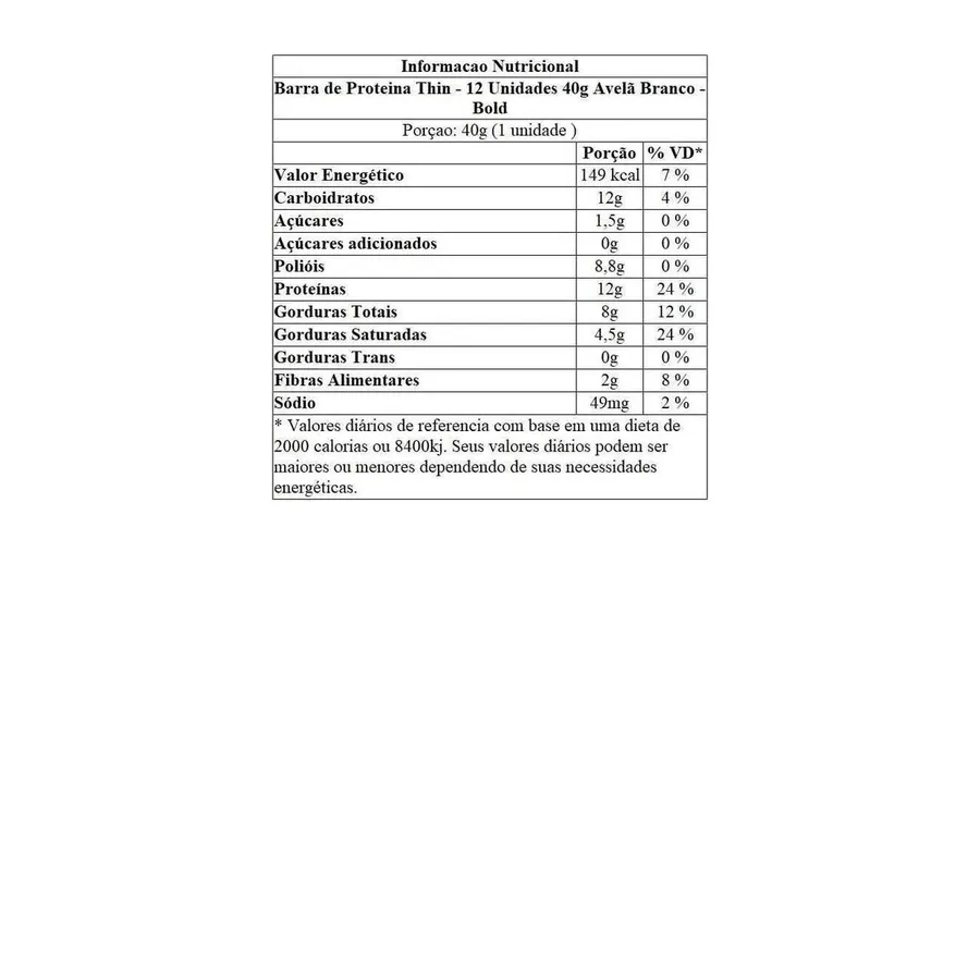Bold Barra de Proteina Thin - 12 Unidades Avelã Branco 40g — foto 3